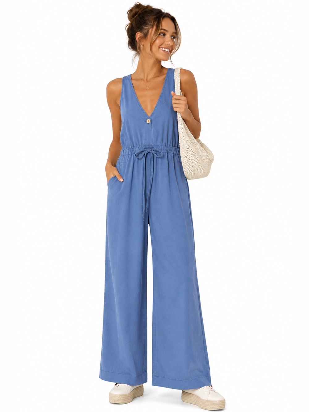 Double Zero Blue Cotton Twill Wide Leg Utility Drawstring Jumpsuit NWOT